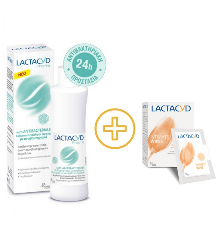 Lactacyd Pharma Antibacterials Wash 250ml + ΔΩΡΟ Intimate Wipes Υγρά Μαντηλάκια Καθαρισμού Ευαίσθητης Περιοχής 10τεμ.